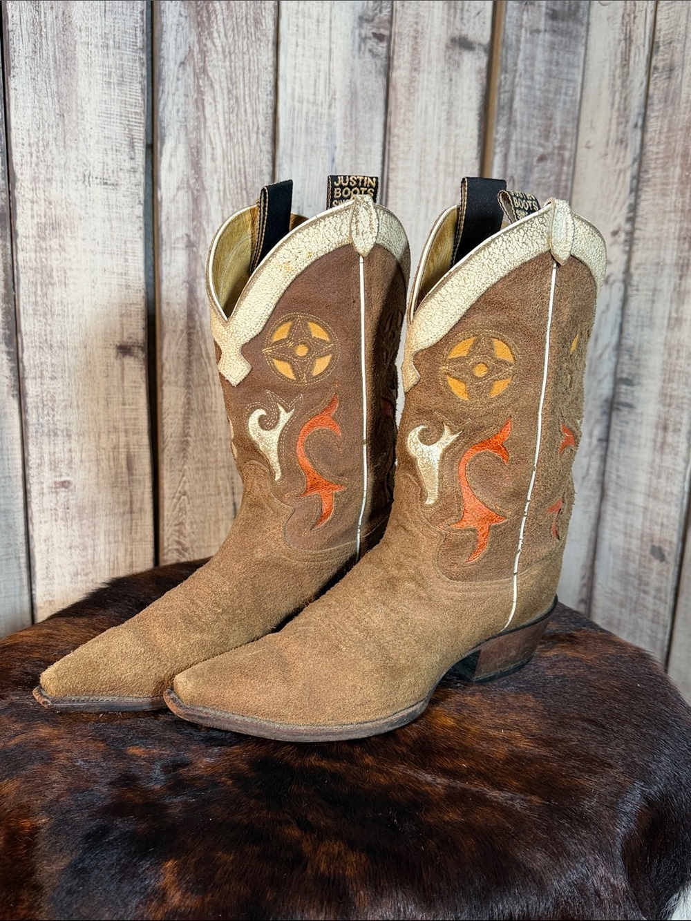 Justin Boots Brown Rough Out Suede Western Cowboy Boots Gold and Orange Accents